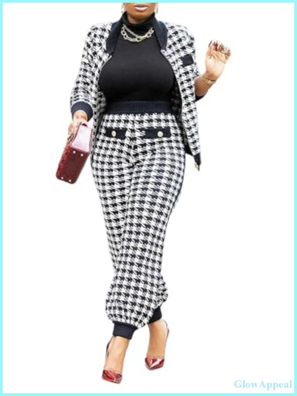 Women's Houndstooth Pantsuit Set Slim Fit Blazer High Waist Trousers Business